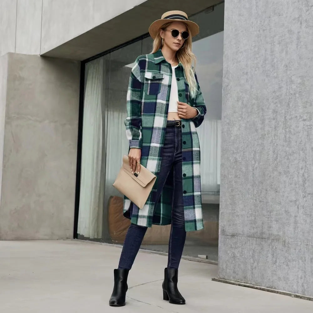 Women plaid trench coat with side slits and pockets