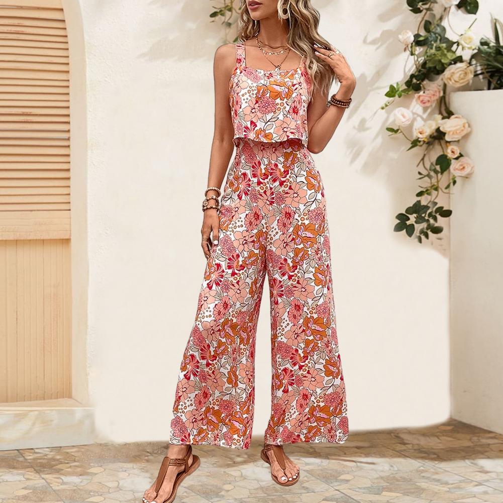 Women's Jumpsuit - Wide-Leg - Sleeveless Spaghetti Straps - Floral Print Casual Wear