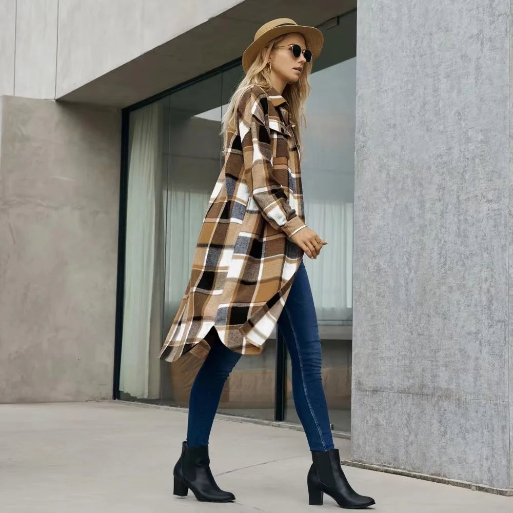 Women plaid trench coat with side slits and pockets