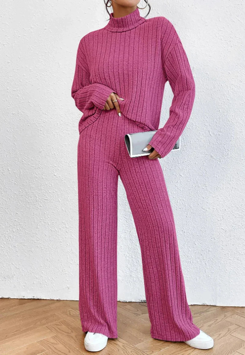 Women's solid color high collar long sleeve ribbed two-piece set