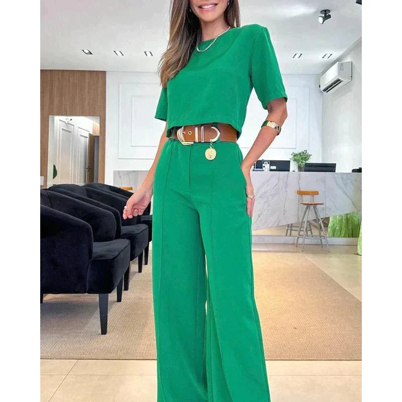 Women's summer short-sleeved cropped top wide leg pants set