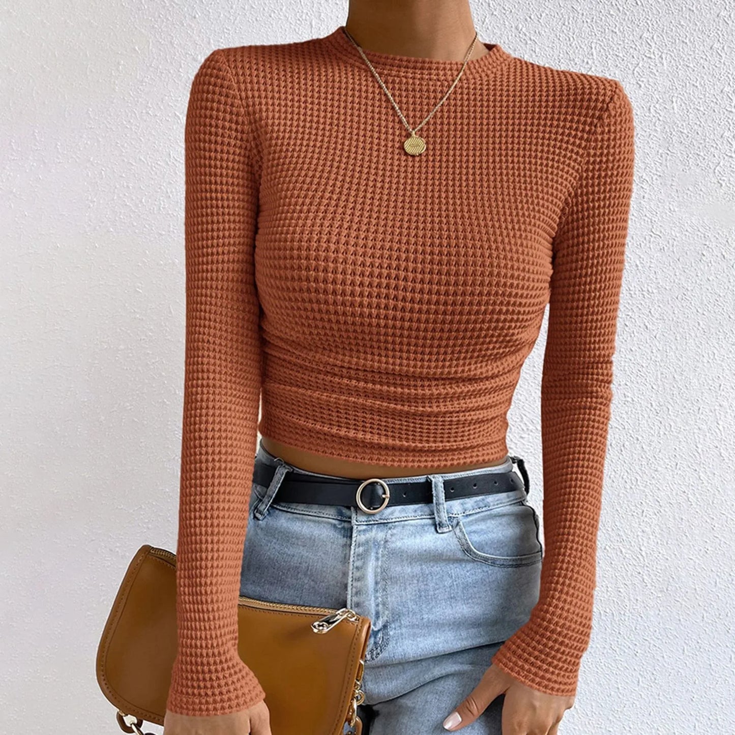 Women's waffle knit long sleeve t-shirt top