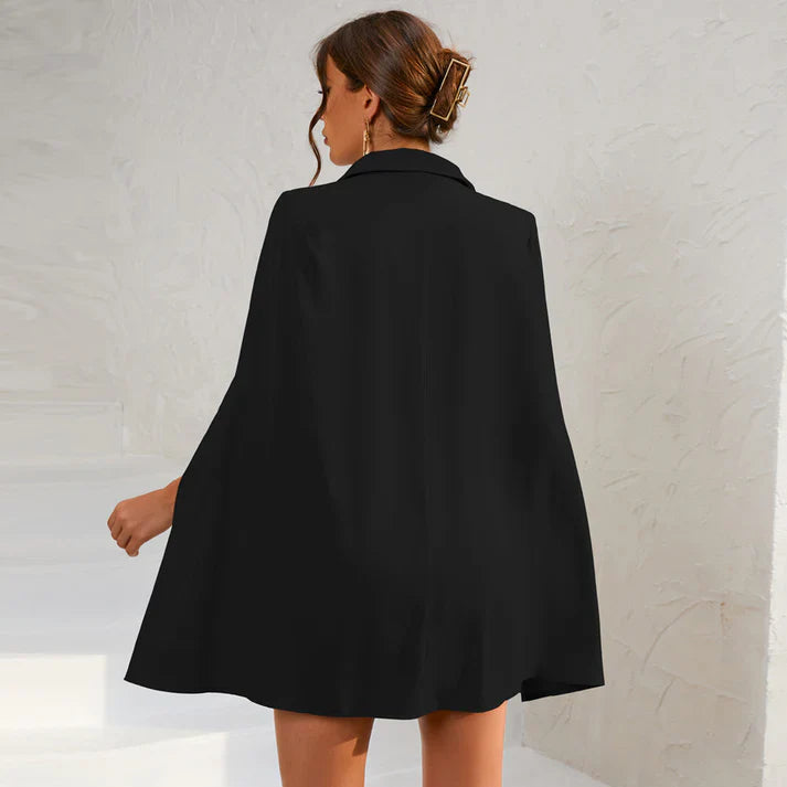 Women's Blazer Dress - Double-Breasted - Cape Overlay - Belted Waist - Tailored Fit