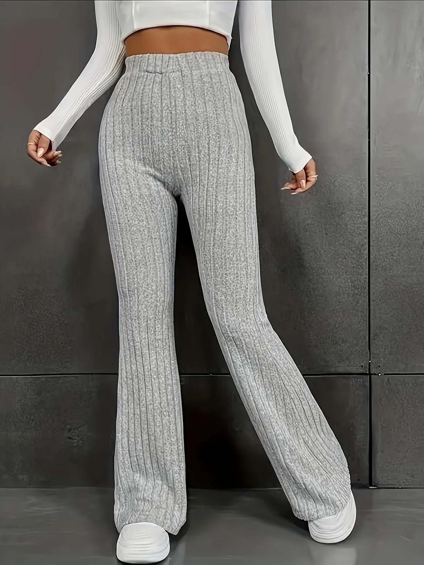 Women’s Trousers – High Waisted – Slim Fit – Ribbed Stretch Knit – Flared Leg – Full Length