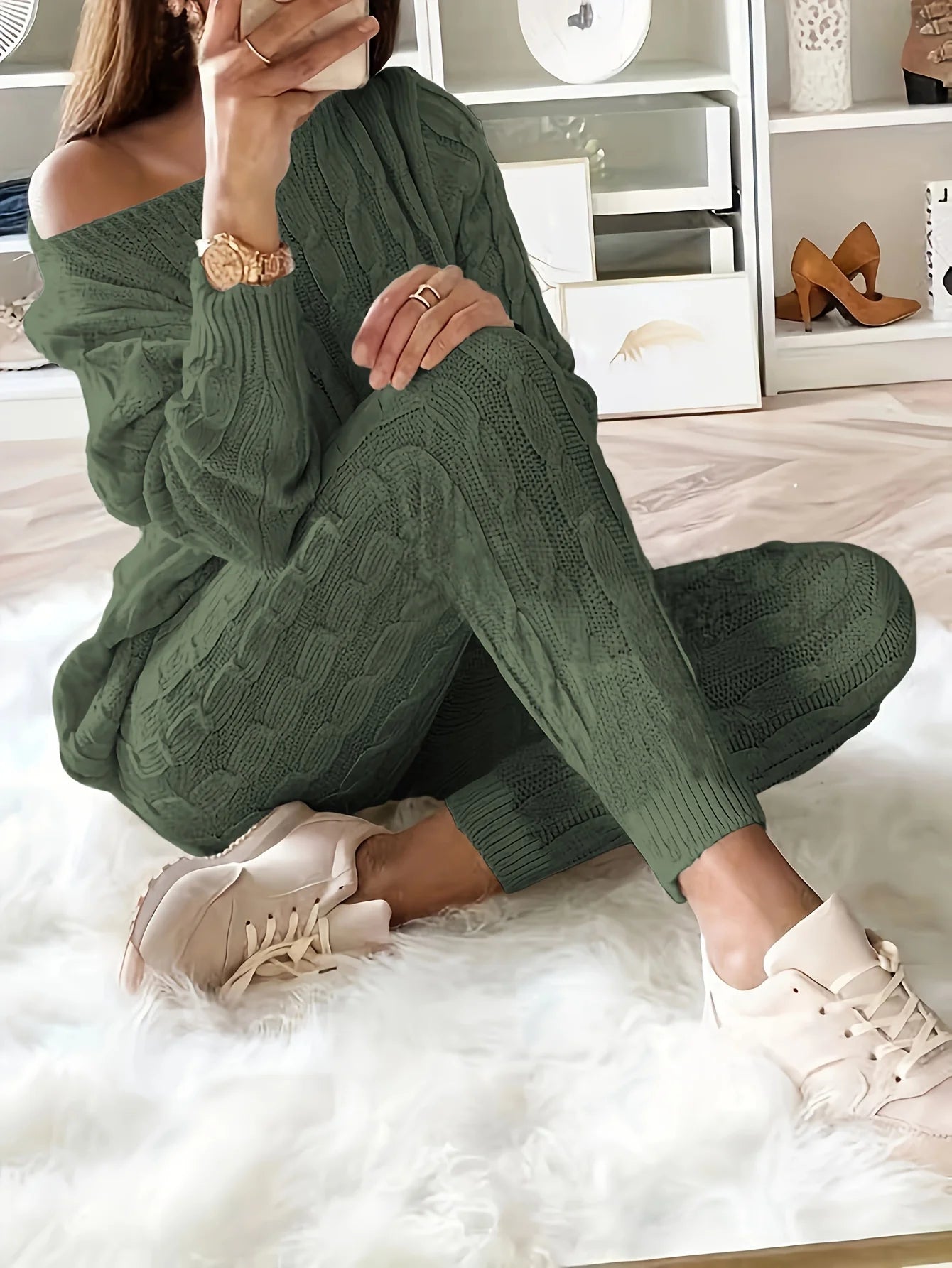 Women's casual knitted sweater and elastic pants set