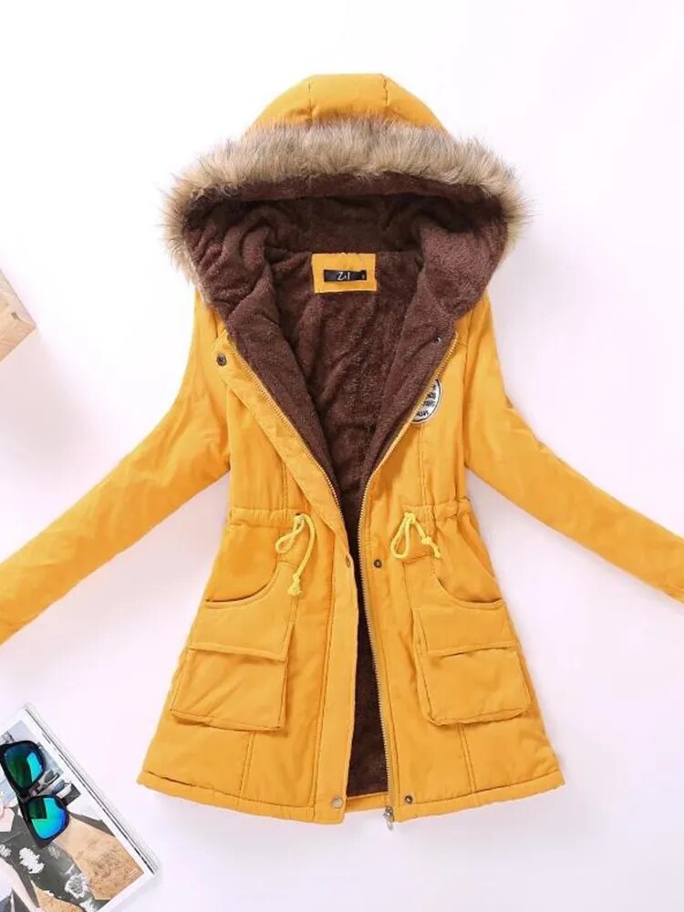 Saskia - long sleeve hooded mid-length coat