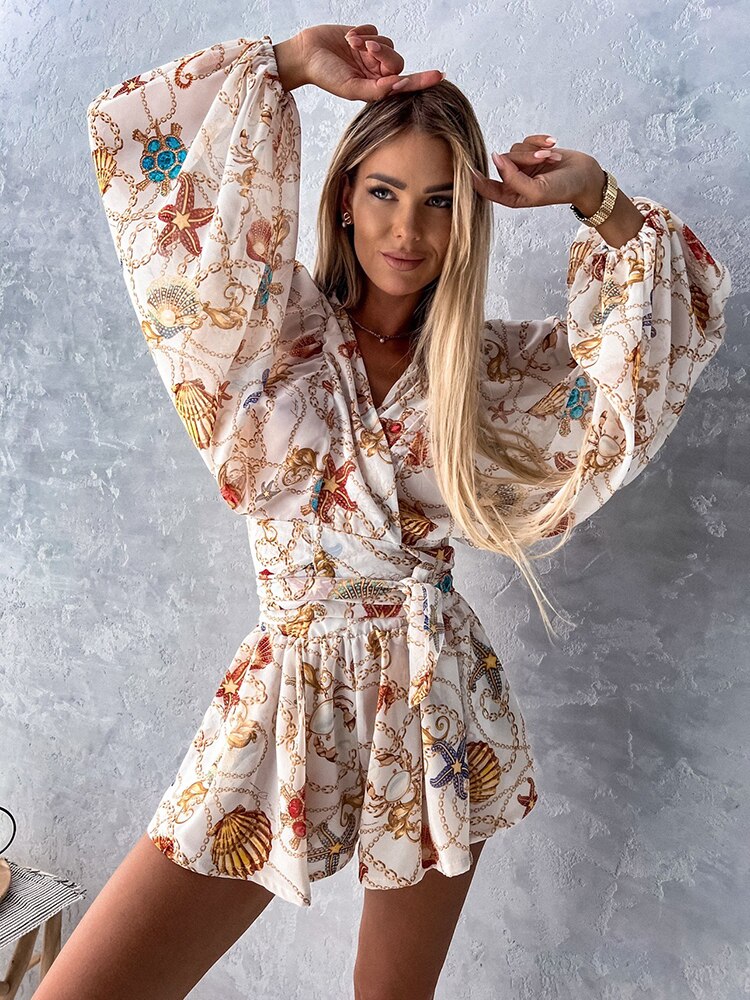 Women's Romper - Wrap V-Neck - Long Wide Sleeves - Lightweight Flowy Casual Wear