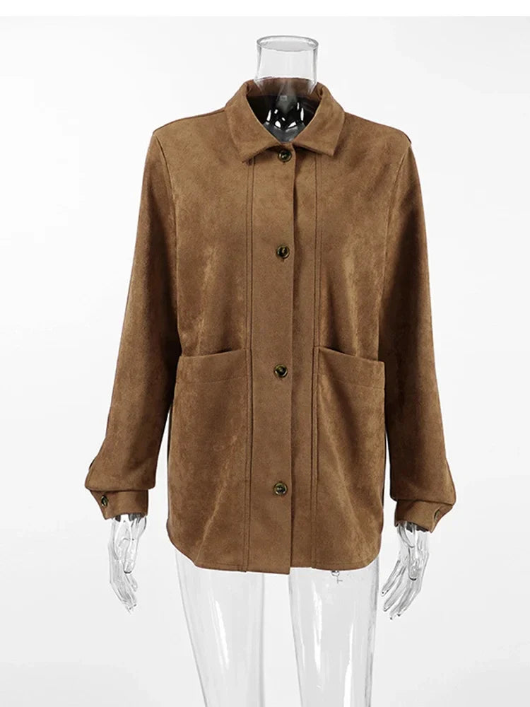 Women’s Oversized Shirt - Button-Up Relaxed Fit - Long Sleeve Suede Leather