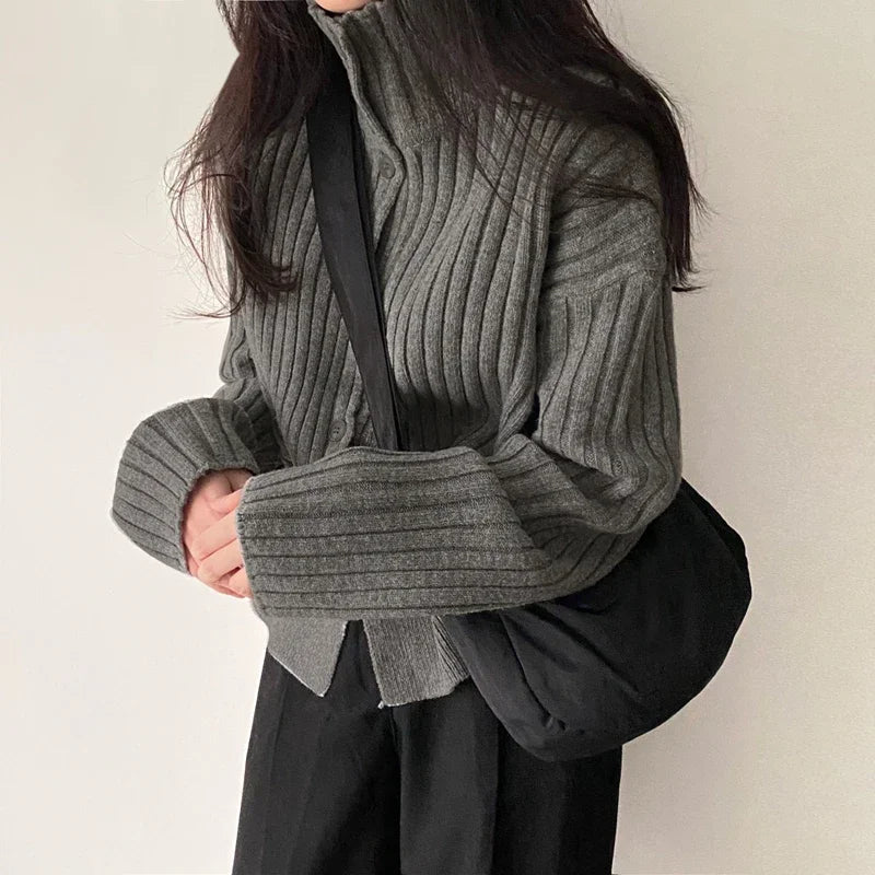 Women’s Knitted Cardigan Top - Ribbed Texture - High Neck - Button Placket - Relaxed Fit - Cropped Length