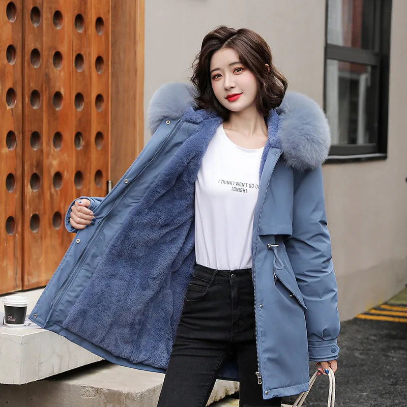 Women's long faux wool-lined parka with fur collar