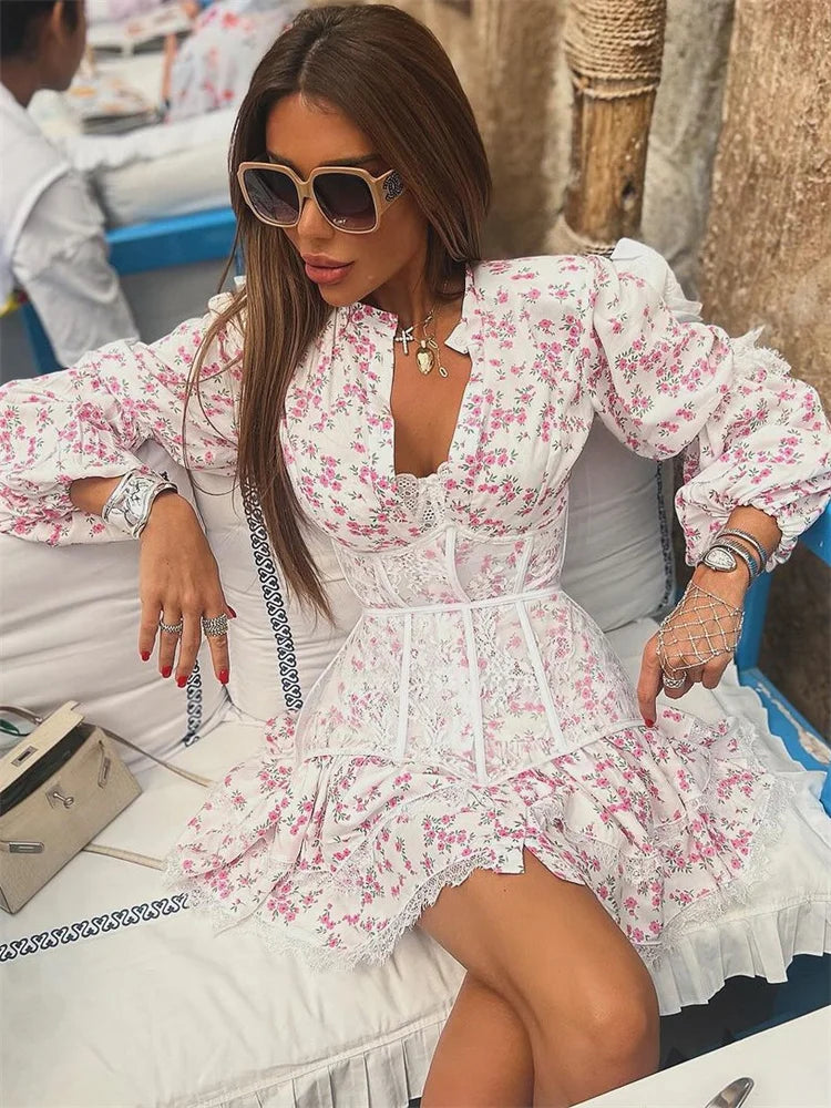 Women's Floral Print Mini Dress - Puff Sleeve - Corset Waist - V-Neck Flowy Fit