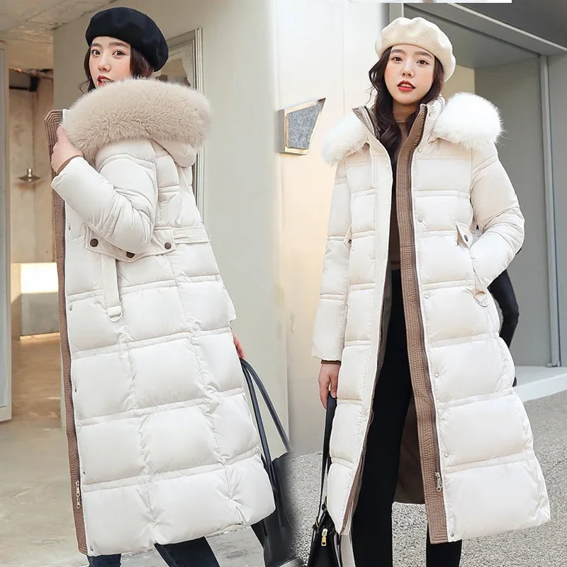 Women's long faux fur collar padded winter jacket