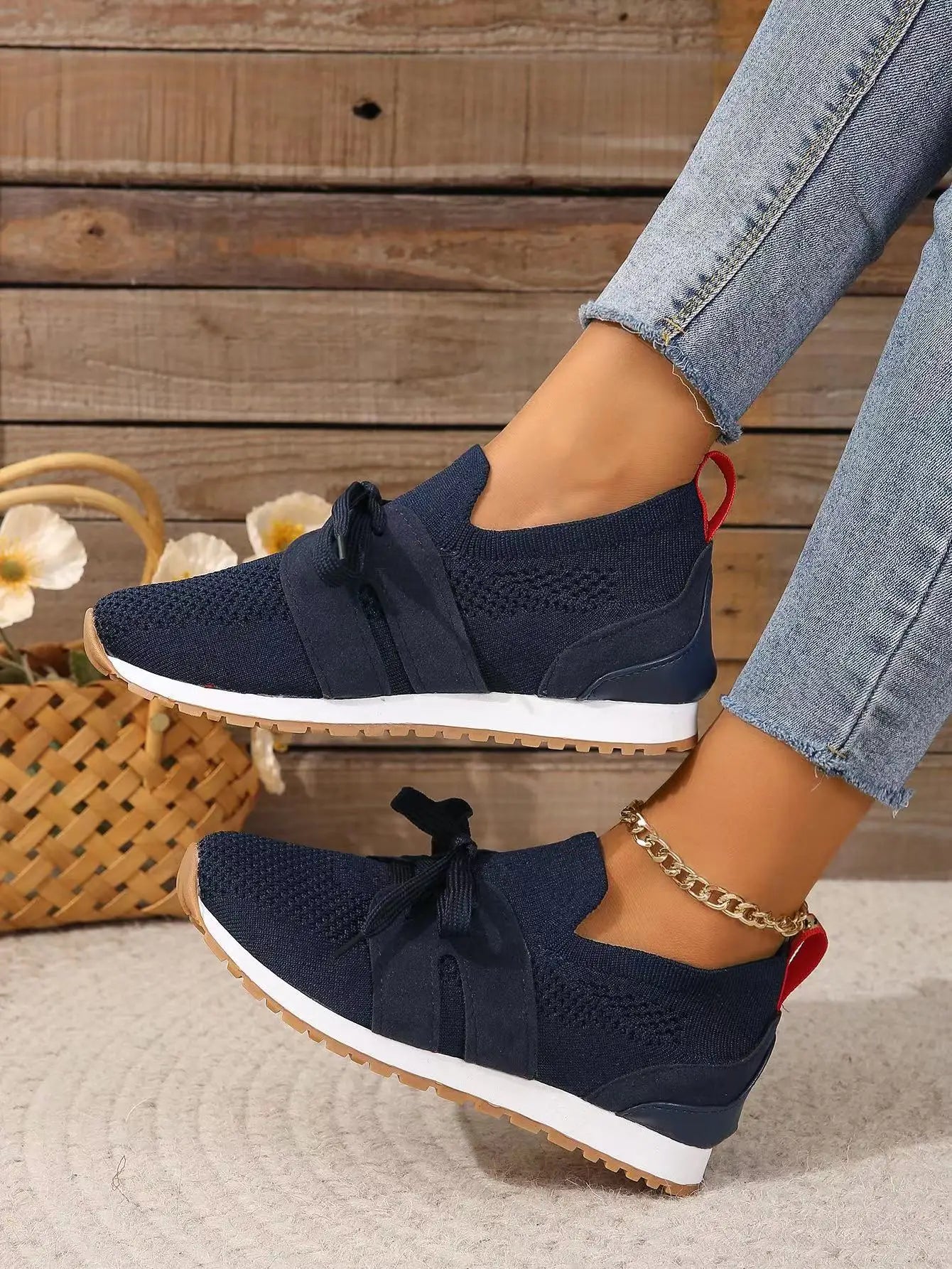 Women's Casual Sneakers - Breathable Knit Upper - Lace-Up - Rubber Sole Comfortable Fit