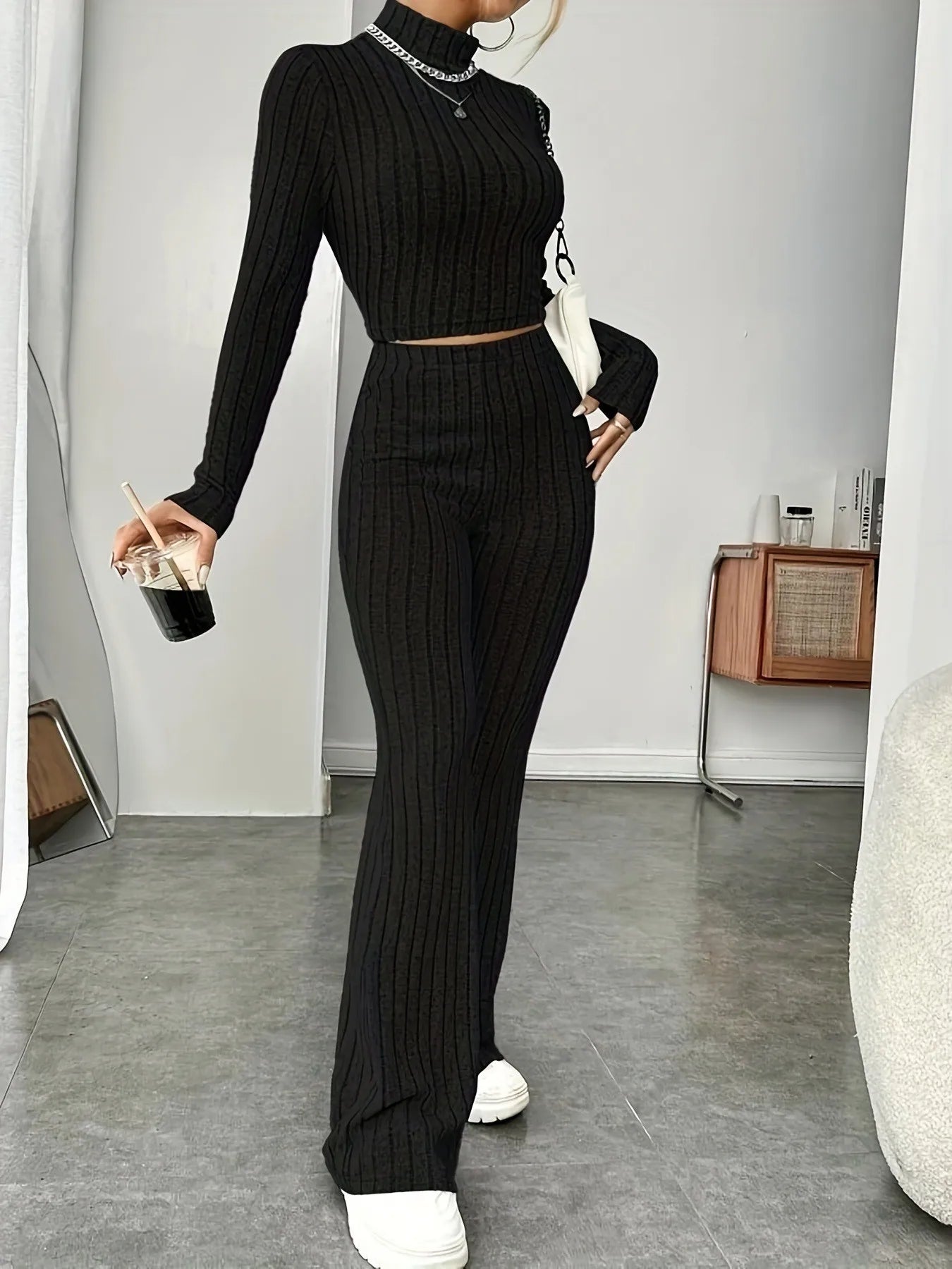 Spring women's knitted two-piece set sweater and loose pants