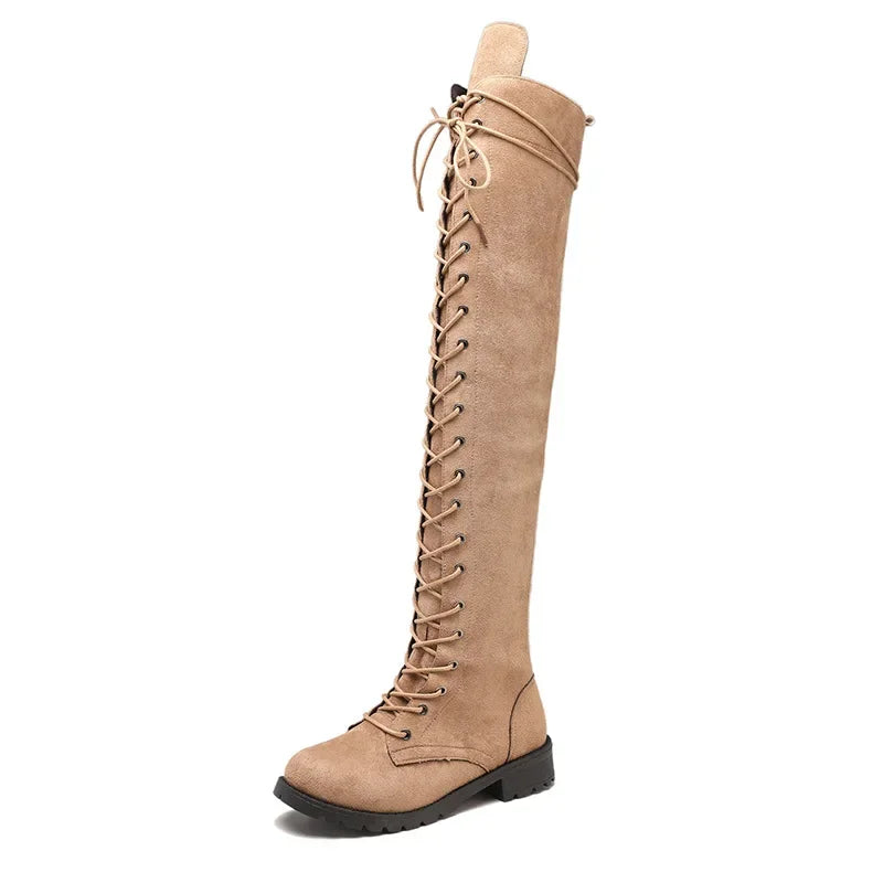 Women’s Over-the-Knee Boots – Suede-Like Texture – Lace-Up Front – Side Zipper – Rugged Sole