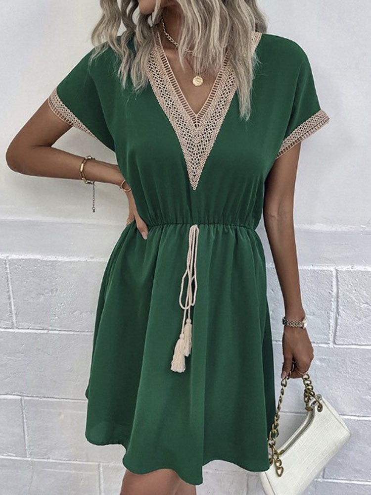 Women's Mini Dress - Lace Trim V-Neck - Short Sleeve Flowy Casual Fit
