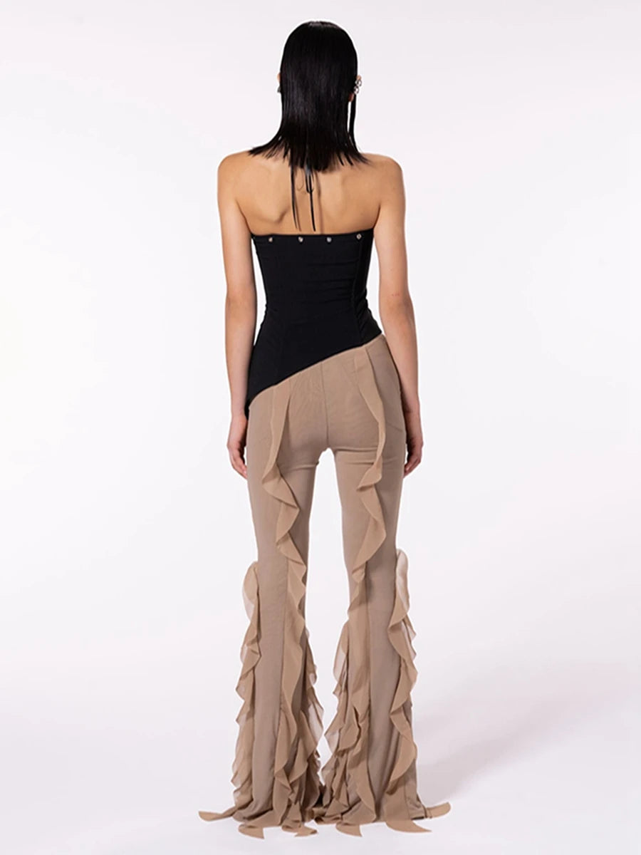 Women's ruffle-trim sheer wide-leg pants