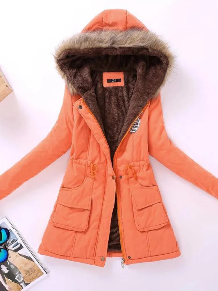 Saskia - long sleeve hooded mid-length coat