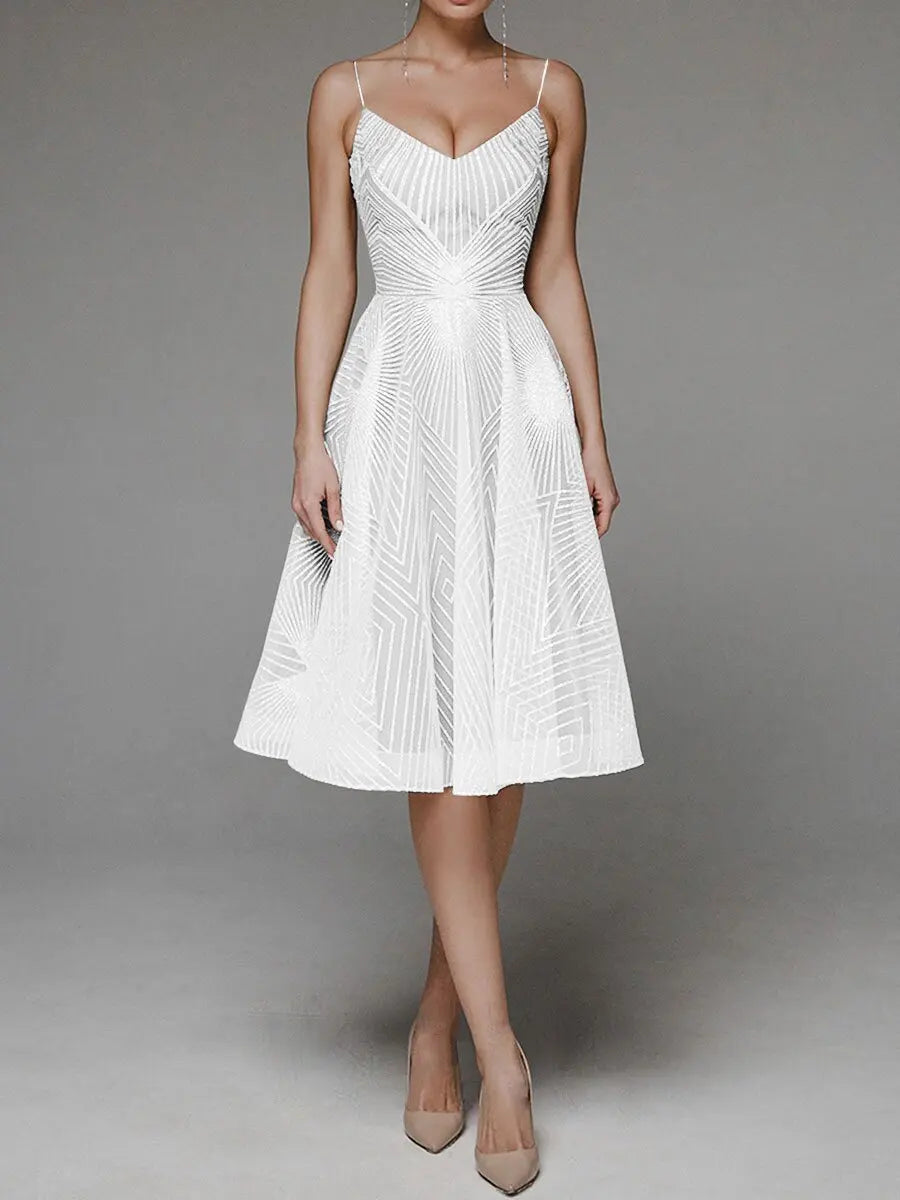 Women's A-Line Dress - Sleeveless Spaghetti Strap - V-Neck Knee-Length Elegant Wear