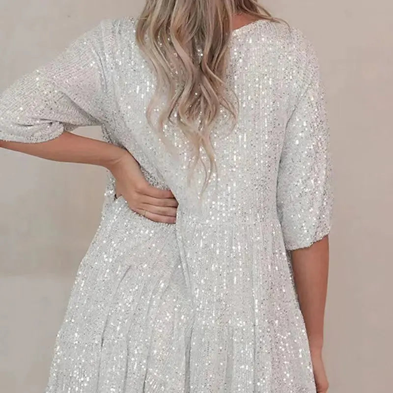 Women's Sequin Dress - A-Line Silhouette - Mid Sleeve - Round Neck - Party Wear