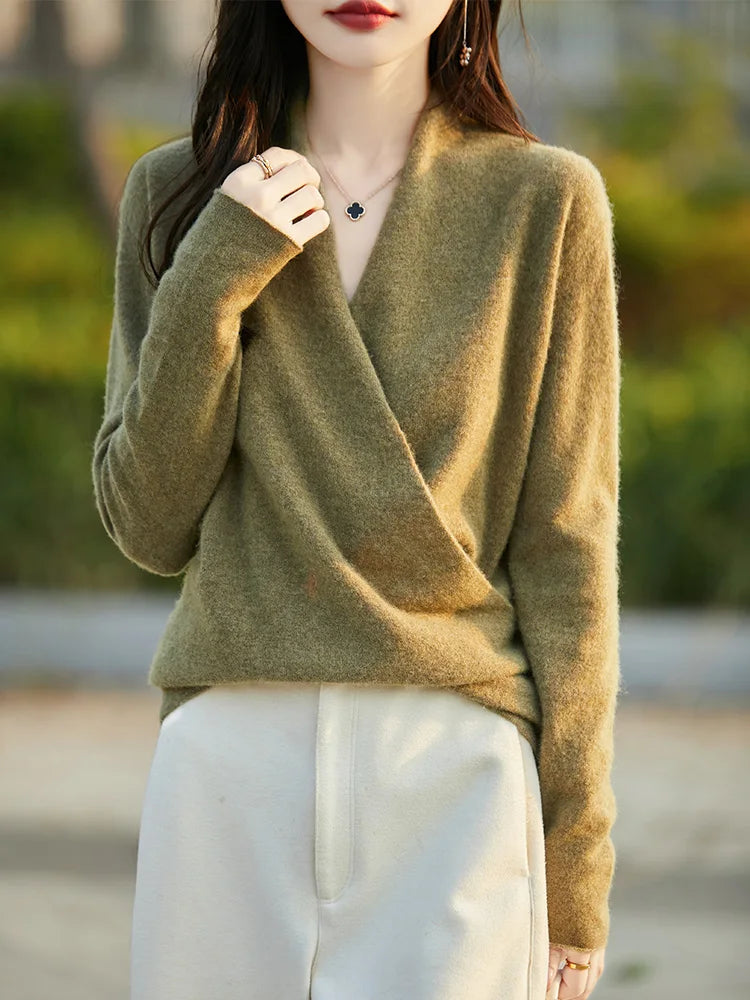 Women’s V-Neck Pullover Sweater – Wool Knit – Relaxed Fit – Long Sleeve Wrap Style
