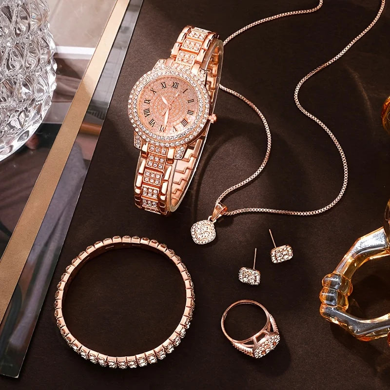 Luxury watch and jewelry set with crystal accents for women