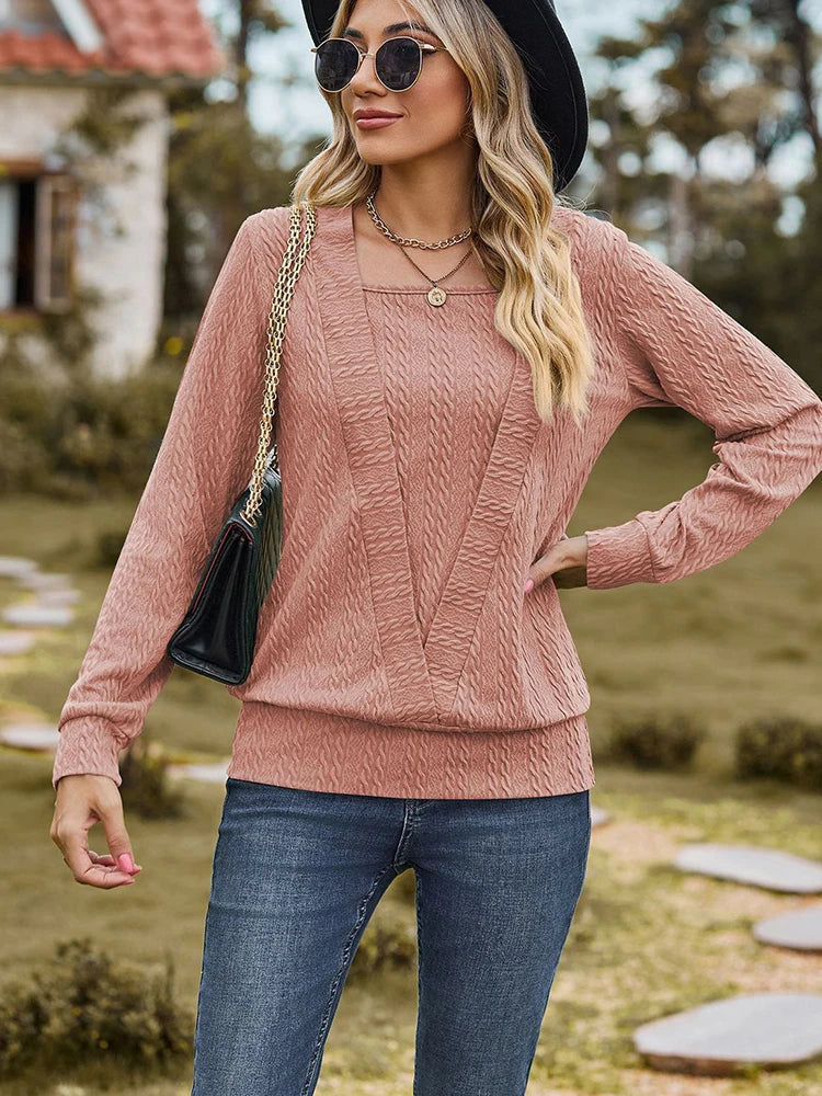 Elegant Square Neck Long Sleeve T-Shirt