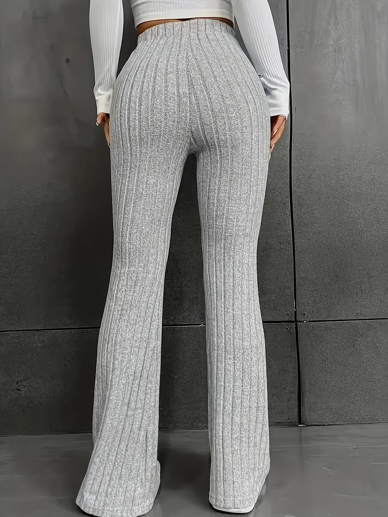 Women’s Trousers – High Waisted – Slim Fit – Ribbed Stretch Knit – Flared Leg – Full Length