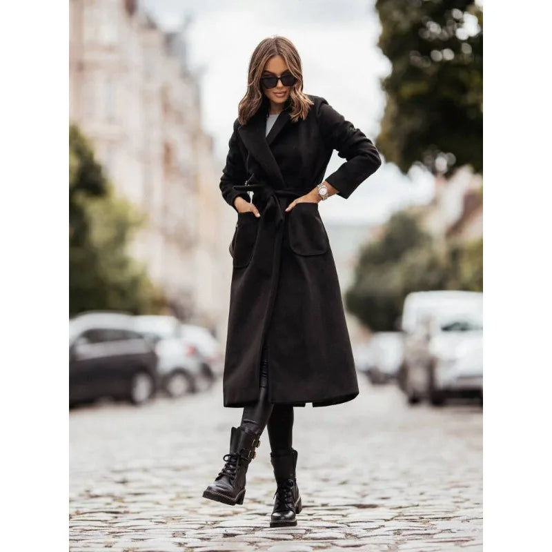 Women's Trench Coat - Long Wrap Style - Wide Lapel Collar - Belted Waist
