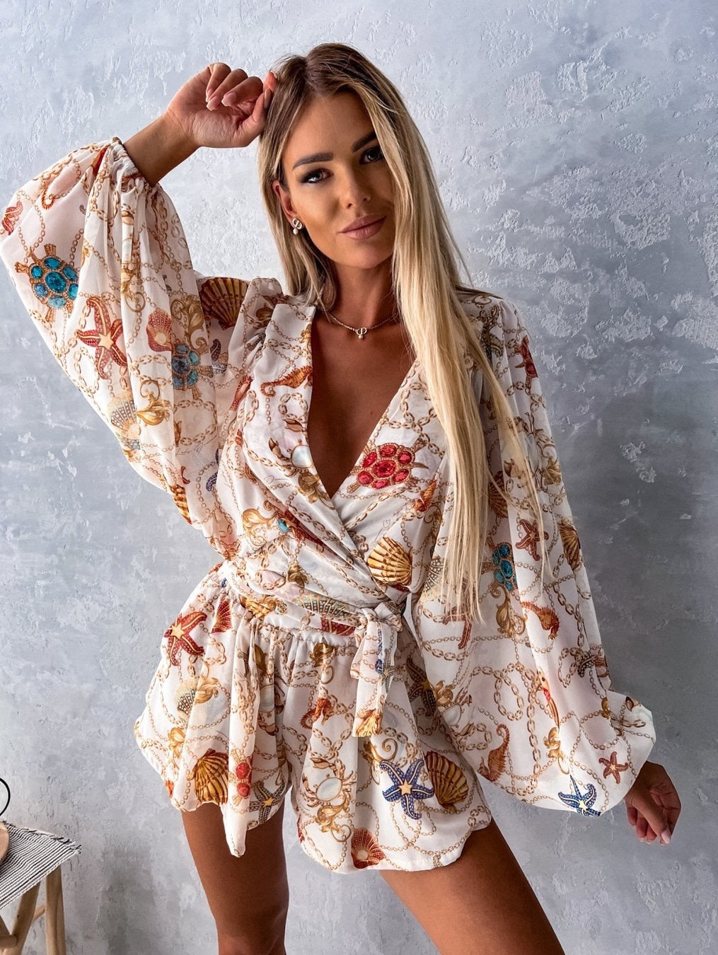 Women's Romper - Wrap V-Neck - Long Wide Sleeves - Lightweight Flowy Casual Wear