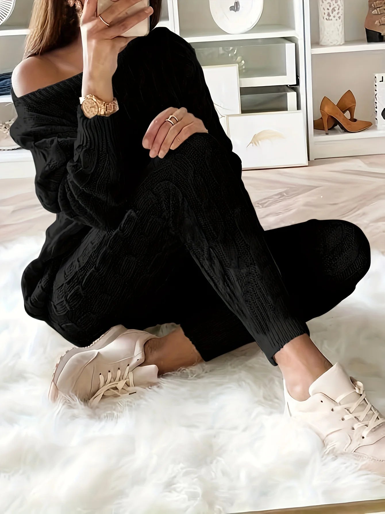 Women's casual knitted sweater and elastic pants set