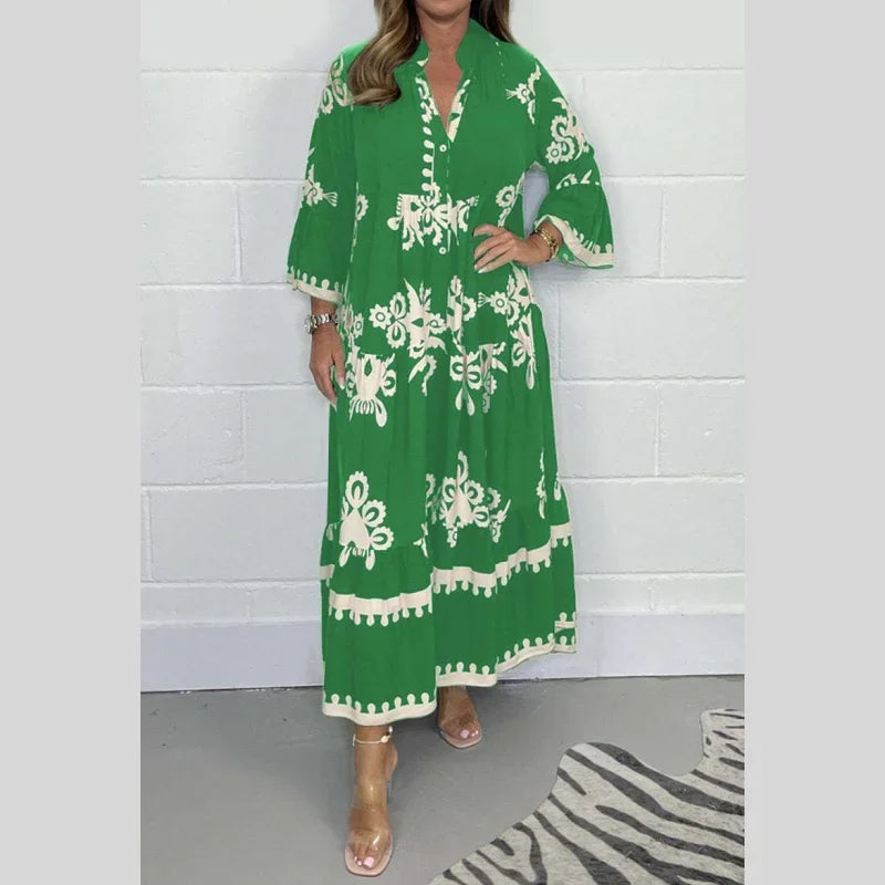 Women's elegant printed stand-up collar waist dress