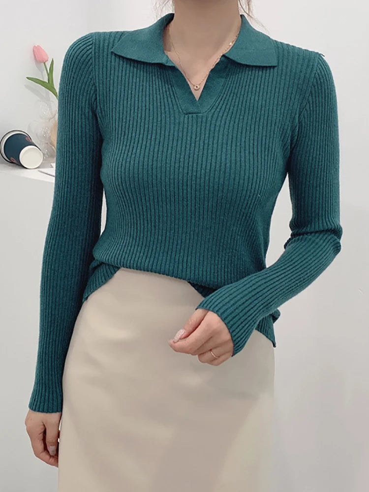 Slim Ribbed Knit Lapel Sweater Pullover