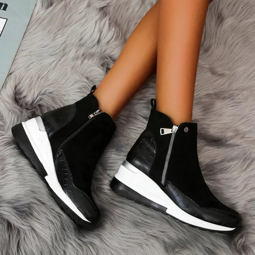 Women's Wedge Ankle Boots - Suede & Faux Leather - Side Zipper - Platform Sole