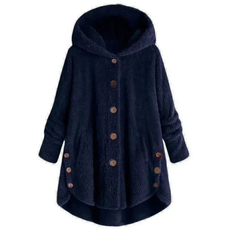 Women’s Fleece Jacket – Relaxed Fit – Hooded – Button Front – Long Back Hem – Pockets