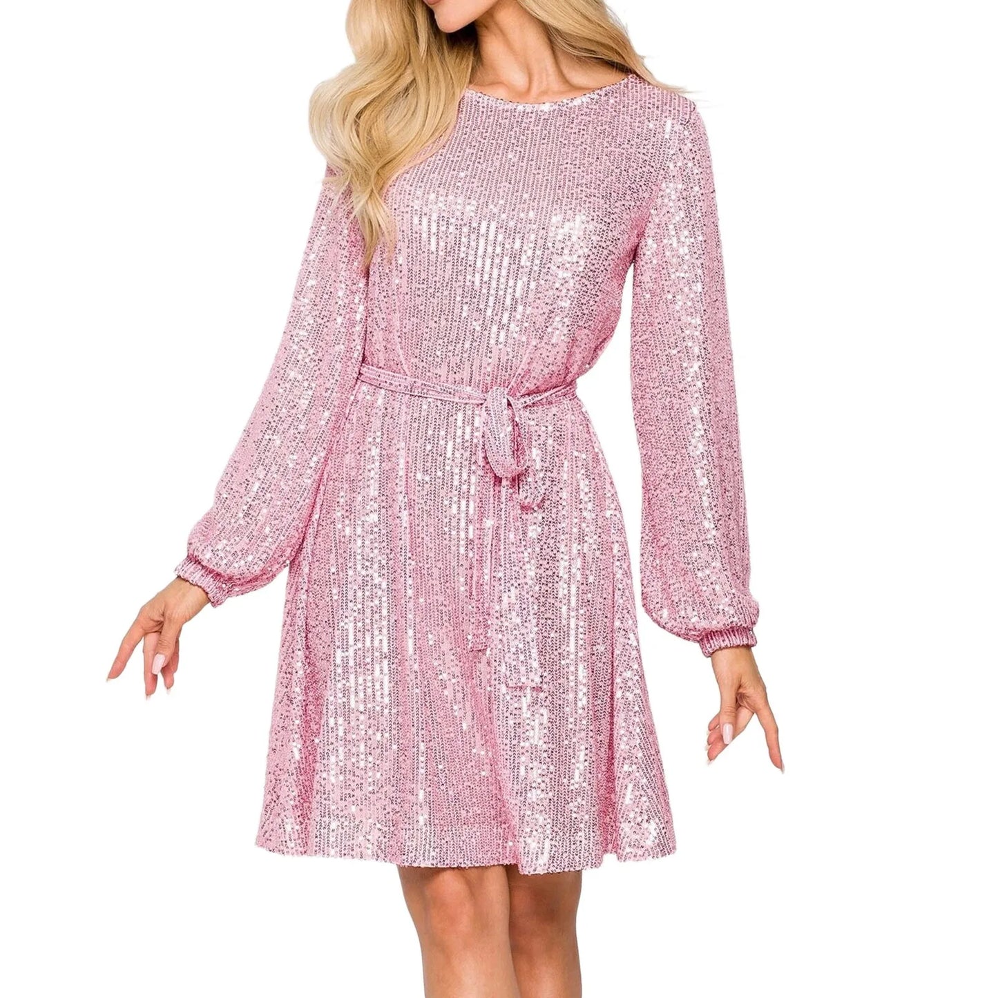 Women's Sequined A-Line Dress - Long Sleeve - Round Neck - Belted Waist - Elegant Shine