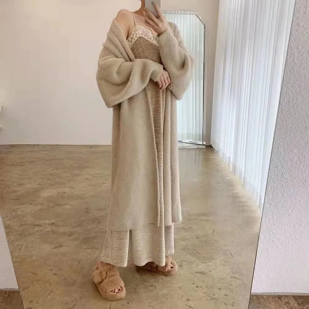 Women's long cardigan winter knitted fluffy sweater