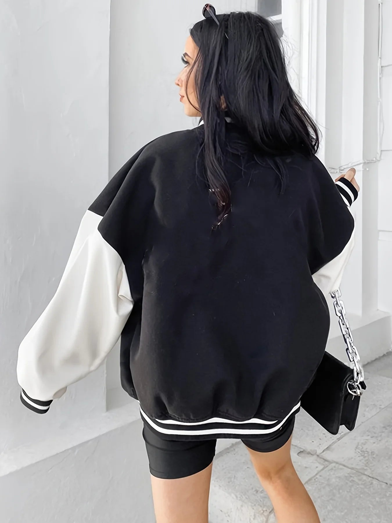 Women’s Baseball Jacket – Relaxed Fit – Snap Button – Ribbed Trim – Collegiate Patch