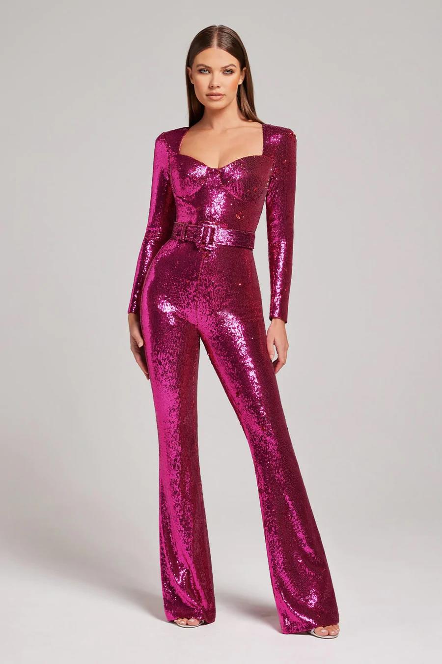 Women's Jumpsuit - Fitted Corset Style - Long Sleeve - Sequined Flare Leg Party Wear