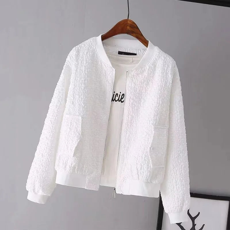 Women’s Bomber Jacket - Textured Fabric - Relaxed Fit - Front Zip - Flap Pockets