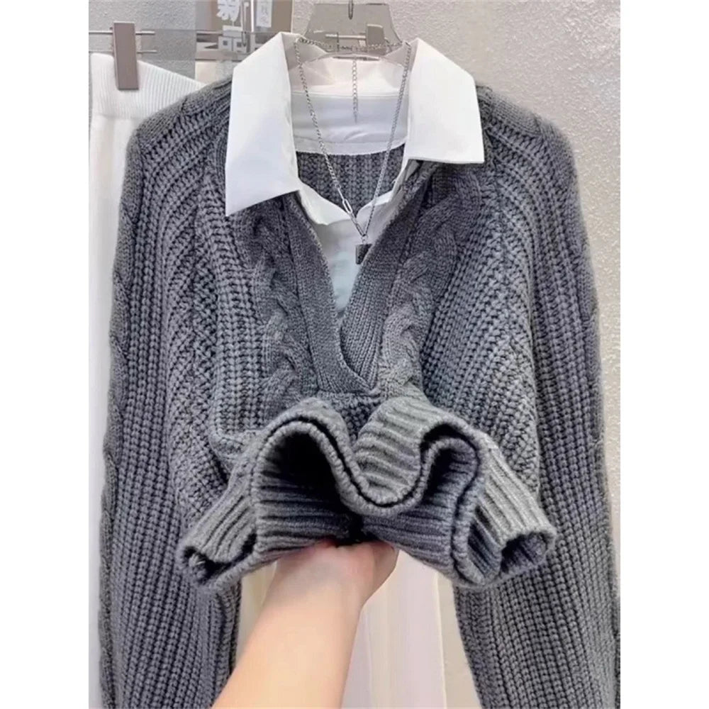 Cable Knit Layered Collar V-Neck Sweater