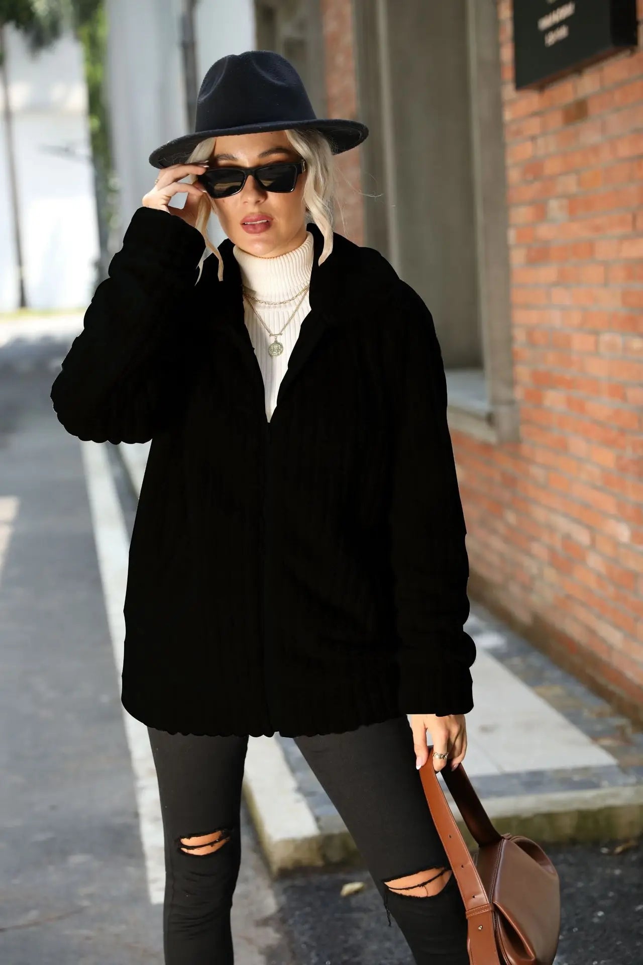 Women's velvet lapel medium-length coat