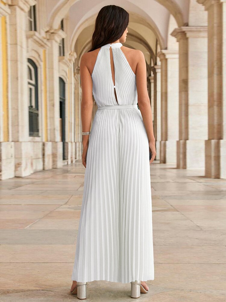Women's Jumpsuit - Halter Neck - Pleated Fabric - Wide Leg - Belted Waist Elegant Fit