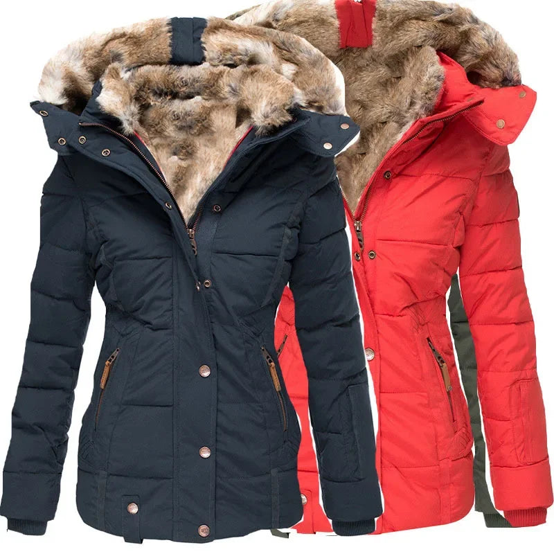Women's winter hooded coat with zipper and snap buttons
