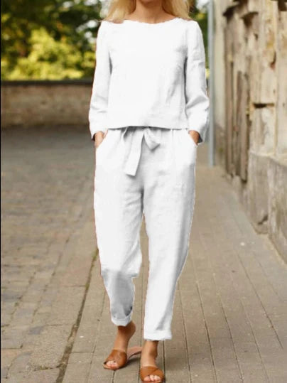 Women's Linen Matching Set - Relaxed Fit - Long Sleeve Top & Straight-Leg Pants