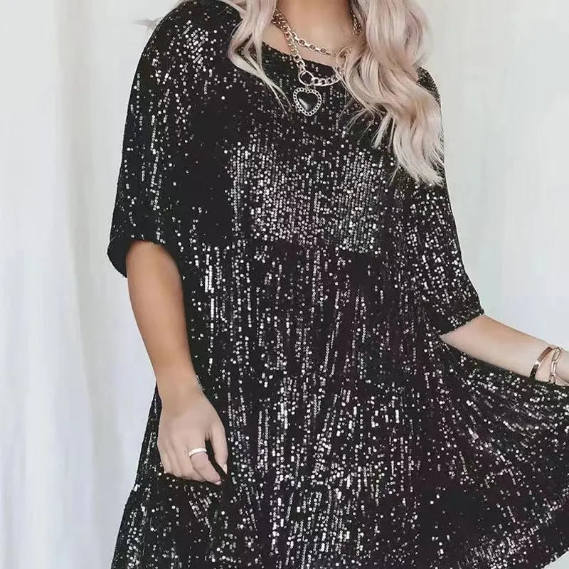 Women's Sequin Dress - A-Line Silhouette - Mid Sleeve - Round Neck - Party Wear