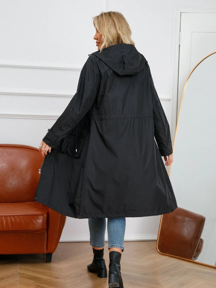 Women's waterproof hooded trench coat with striped lining