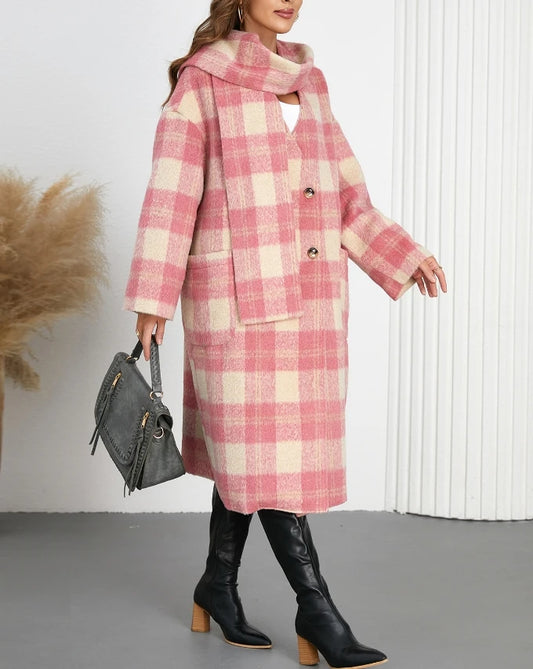 Double-Breasted Plaid V-Neck Coat