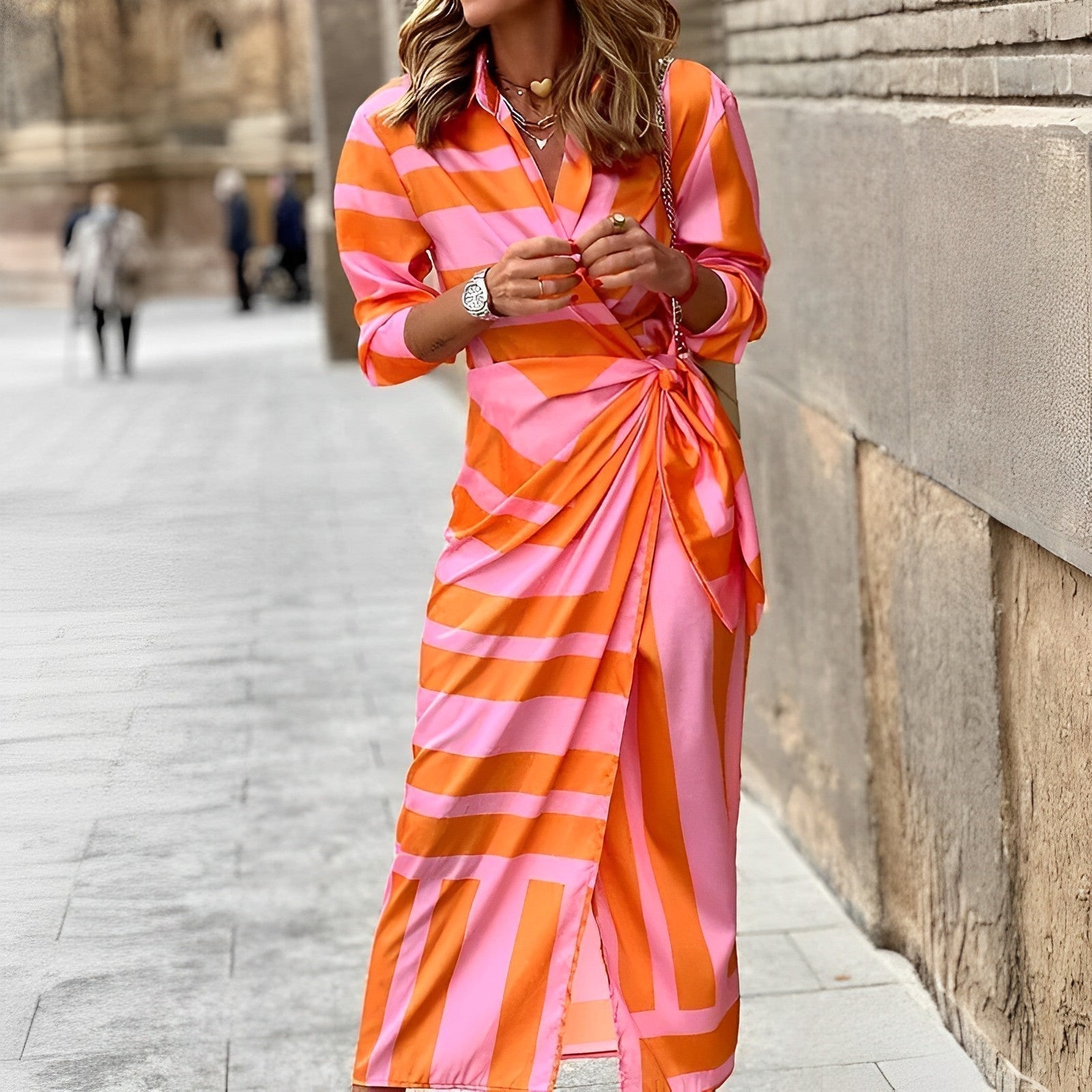 Striped Asymmetrical Hem Wrap Midi Dress
