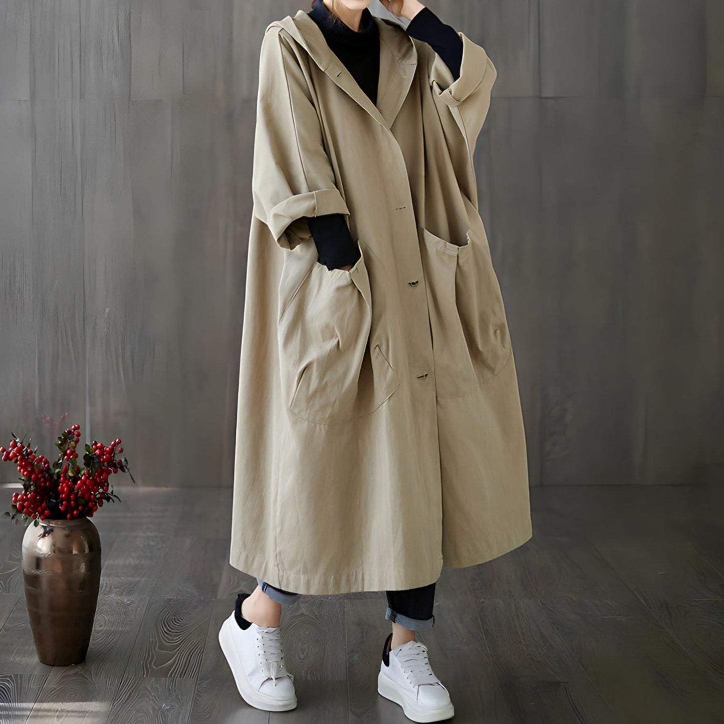 Women's retro literary oversized hooded trench coat with large pockets